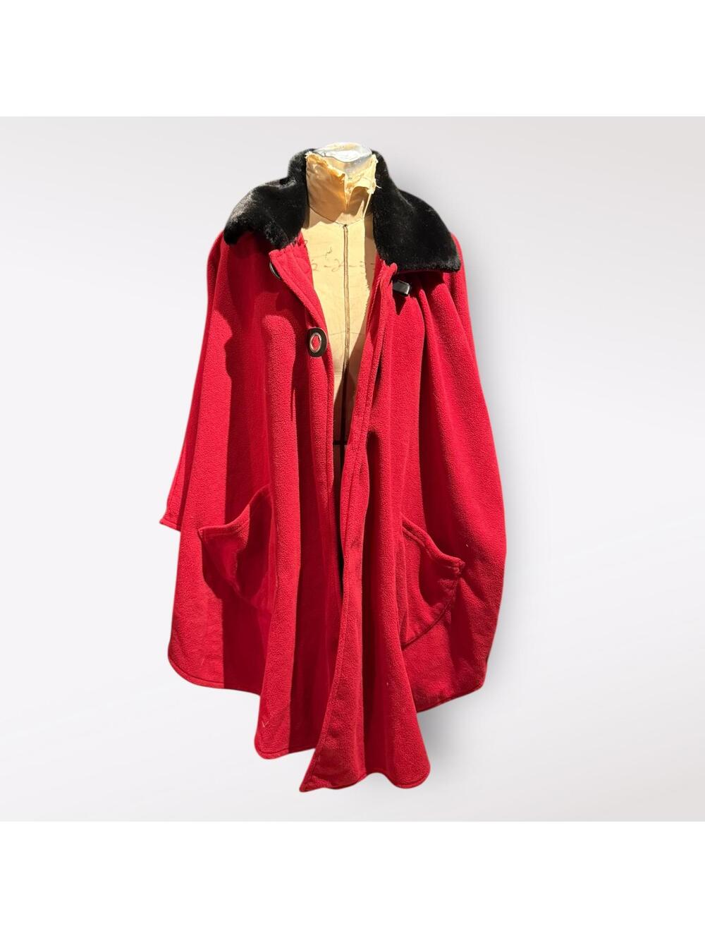 Le Moda Red Cape Coat with Black Faux Fur Collar